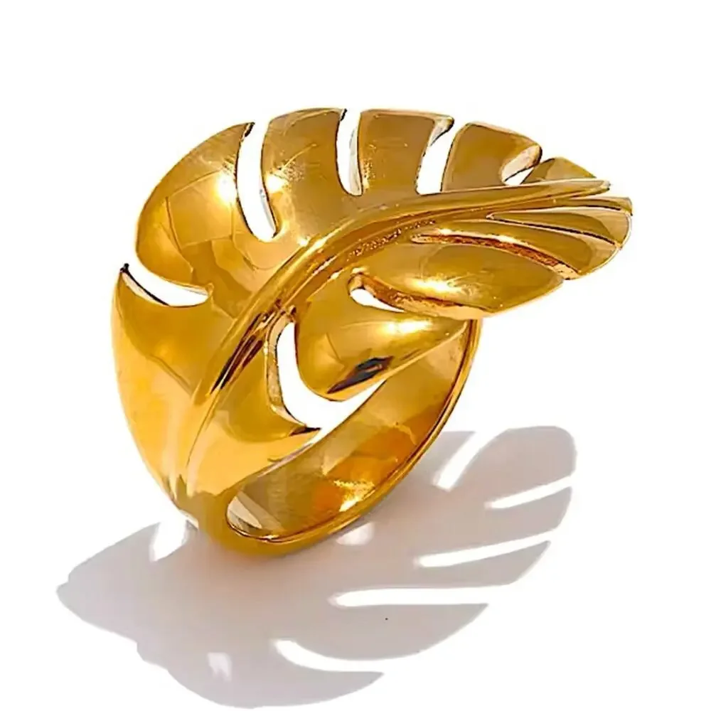 Gold Feather Leaf Leaves Ring Adjustable Stainless Steel Gold Plated